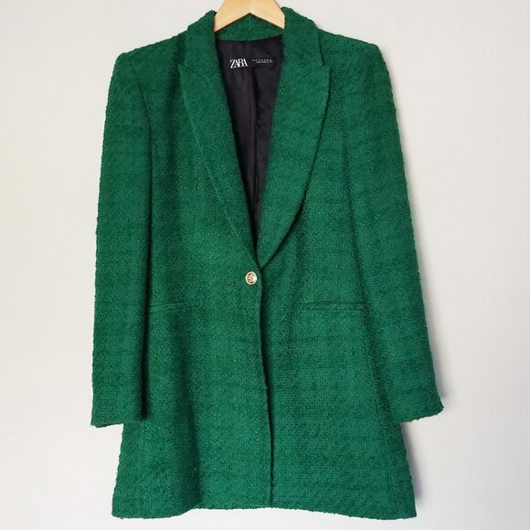 Zara Tweed Textured Long Structured Blazer in Kelly Green M Classic Preppy $149 - Picture 6 of 16